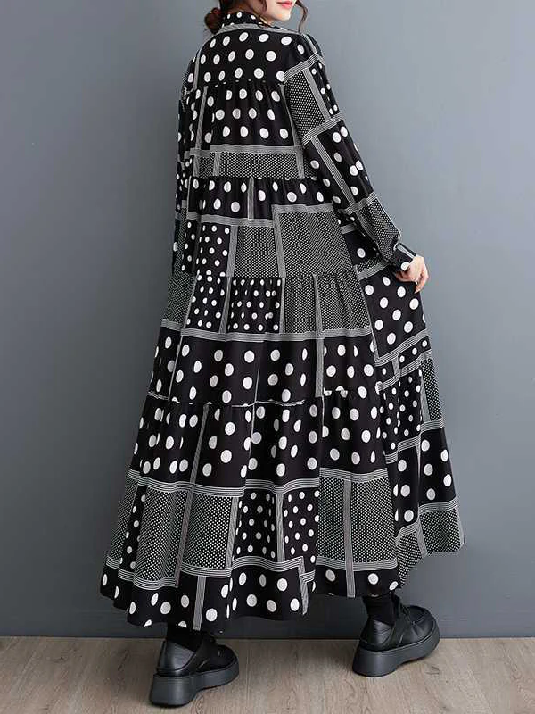 Long Sleeves Loose Buttoned Polka-Dot Printed Split-Joint Midi Dresses - Image 6