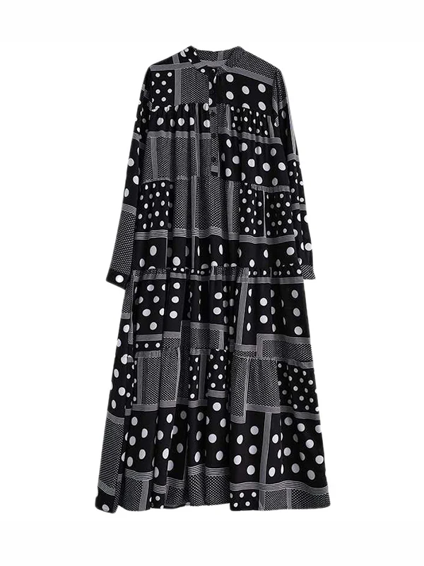 Long Sleeves Loose Buttoned Polka-Dot Printed Split-Joint Midi Dresses - Image 7