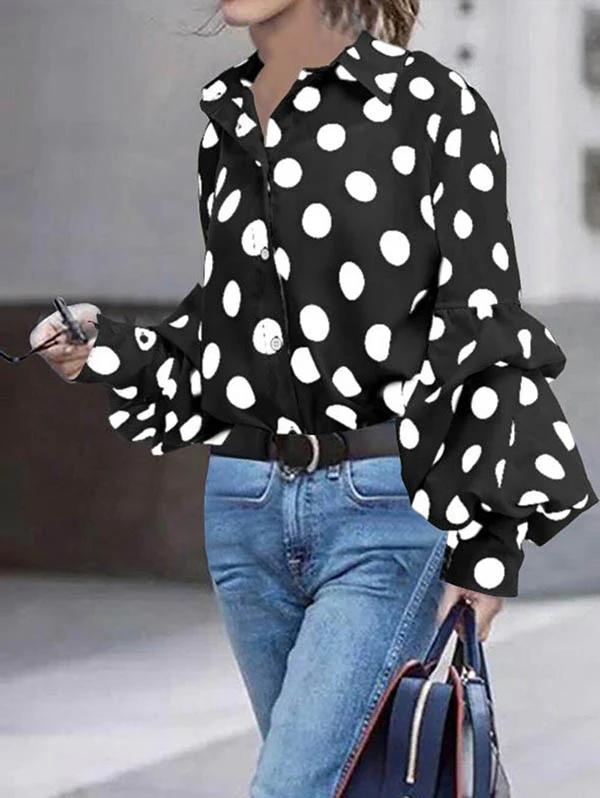 Long Sleeves Loose Buttoned Polka-Dot Split-Joint Lapel Blouses&Shirts Tops - Image 2