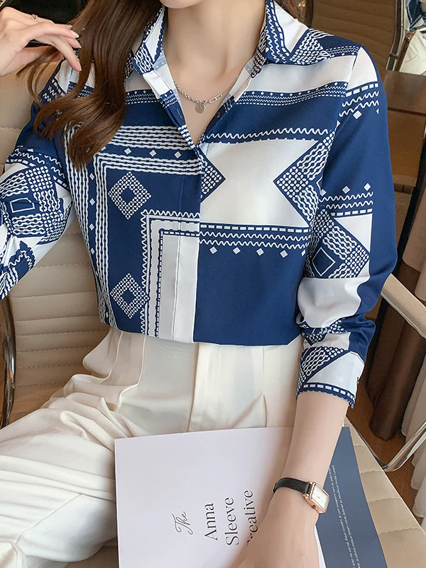 Long Sleeves Loose Buttoned Printed Lapel Blouses&Shirts Tops - Image 4