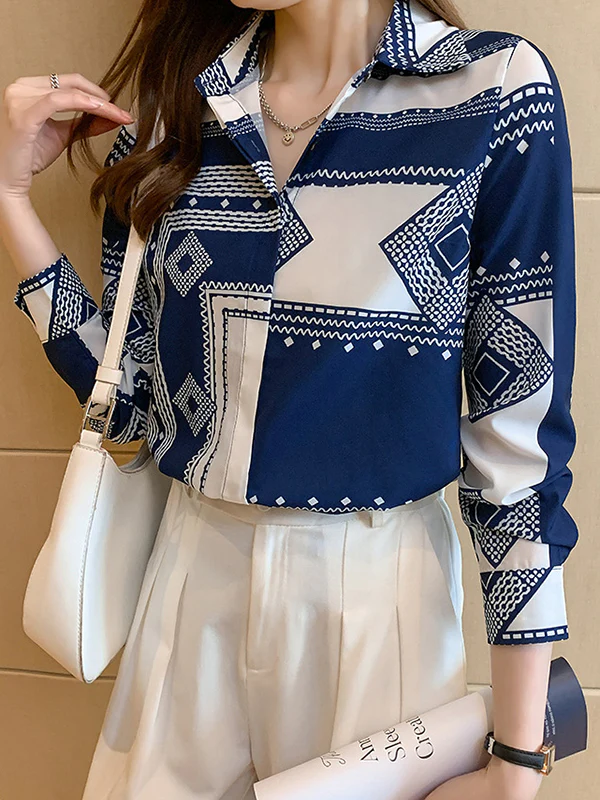 Long Sleeves Loose Buttoned Printed Lapel Blouses&Shirts Tops - Image 5