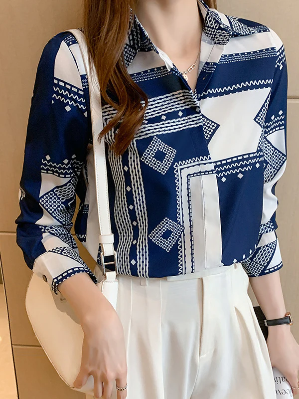 Long Sleeves Loose Buttoned Printed Lapel Blouses&Shirts Tops - Image 6