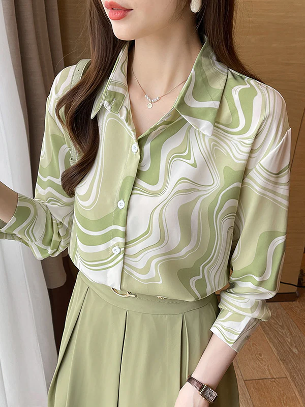 Long Sleeves Loose Buttoned Printed Lapel Blouses&Shirts Tops - Image 2