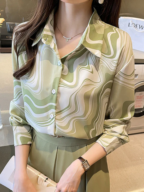 Long Sleeves Loose Buttoned Printed Lapel Blouses&Shirts Tops - Image 3