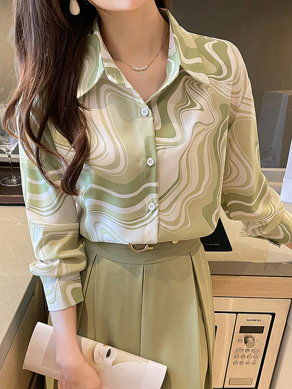 Long Sleeves Loose Buttoned Printed Lapel Blouses&Shirts Tops - Image 6