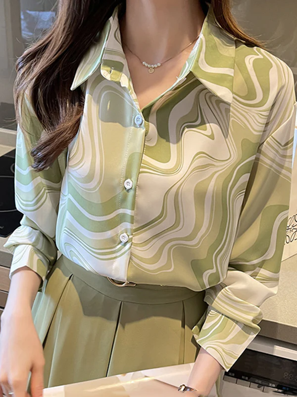 Long Sleeves Loose Buttoned Printed Lapel Blouses&Shirts Tops - Image 8