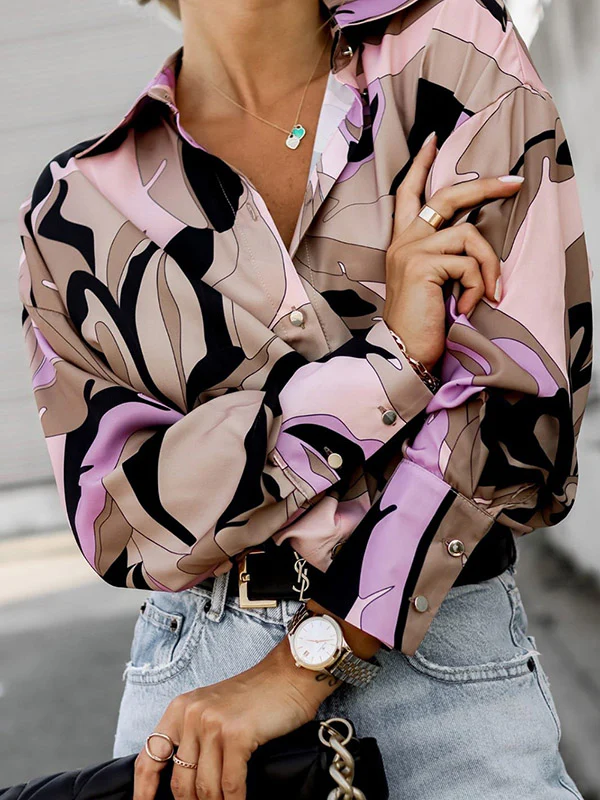 Long Sleeves Loose Buttoned Printed Lapel Blouses&Shirts Tops - Image 2