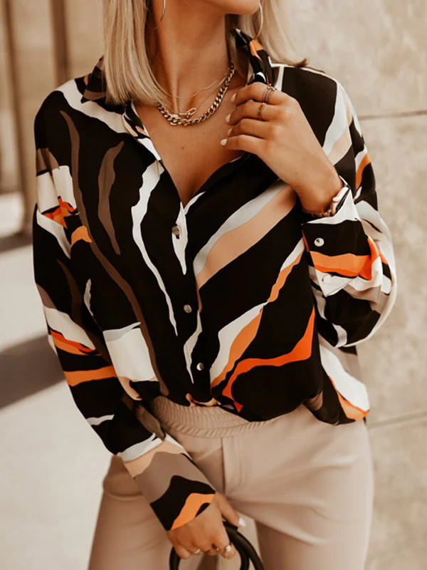 Long Sleeves Loose Buttoned Printed Lapel Blouses&Shirts Tops - Image 2