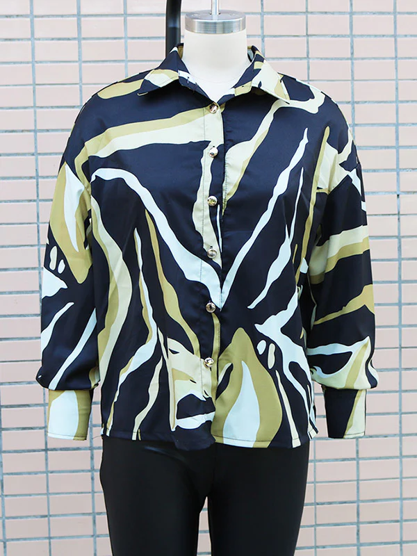 Long Sleeves Loose Buttoned Printed Lapel Blouses&Shirts Tops - Image 5