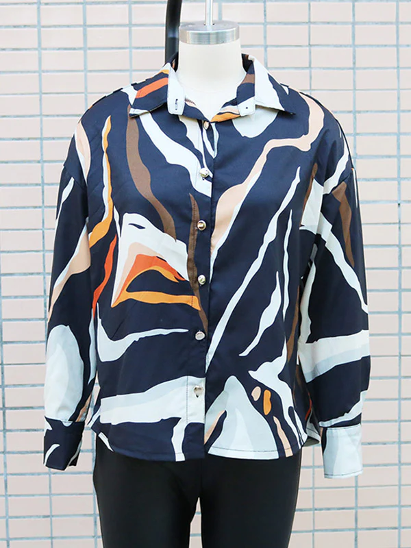 Long Sleeves Loose Buttoned Printed Lapel Blouses&Shirts Tops - Image 6