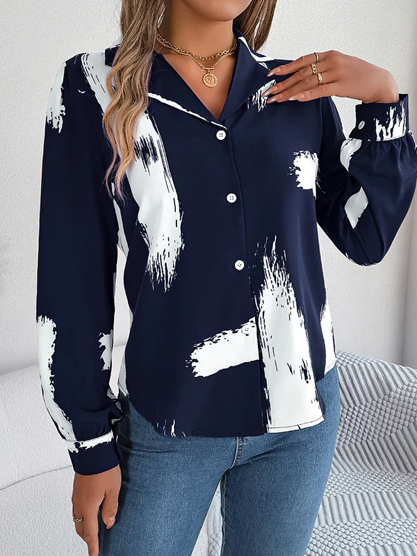 Long Sleeves Loose Buttoned Printed Notched Collar Blouses&Shirts Tops - Image 10