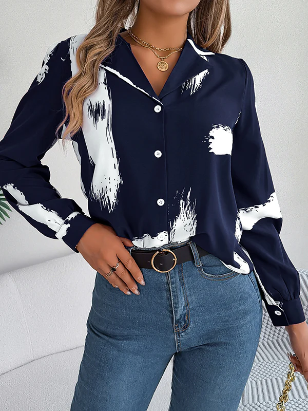 Long Sleeves Loose Buttoned Printed Notched Collar Blouses&Shirts Tops - Image 11