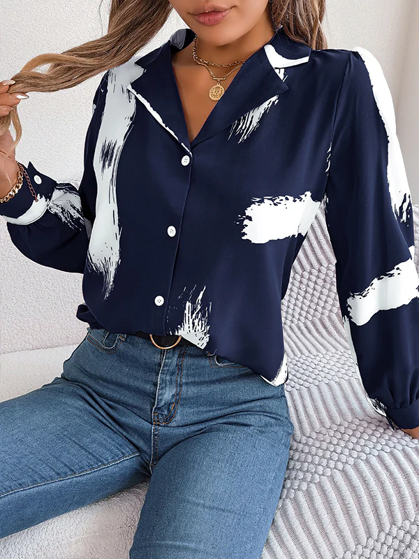 Long Sleeves Loose Buttoned Printed Notched Collar Blouses&Shirts Tops - Image 12