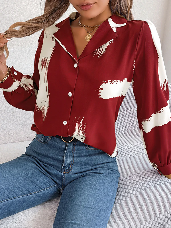 Long Sleeves Loose Buttoned Printed Notched Collar Blouses&Shirts Tops - Image 13