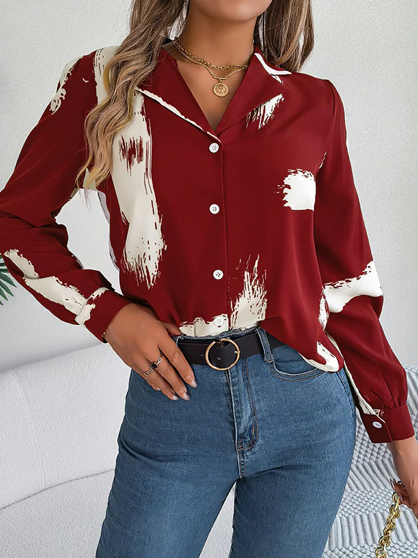 Long Sleeves Loose Buttoned Printed Notched Collar Blouses&Shirts Tops - Image 14
