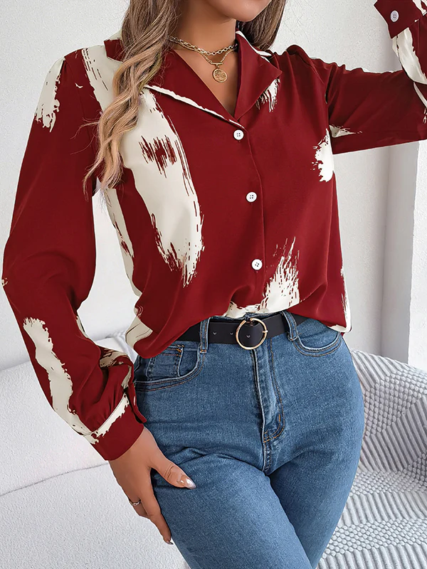 Long Sleeves Loose Buttoned Printed Notched Collar Blouses&Shirts Tops - Image 15