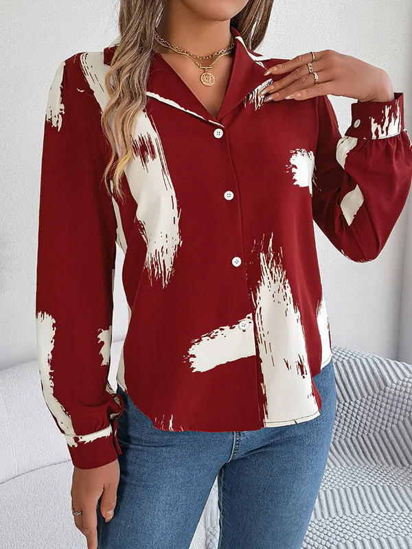 Long Sleeves Loose Buttoned Printed Notched Collar Blouses&Shirts Tops - Image 16