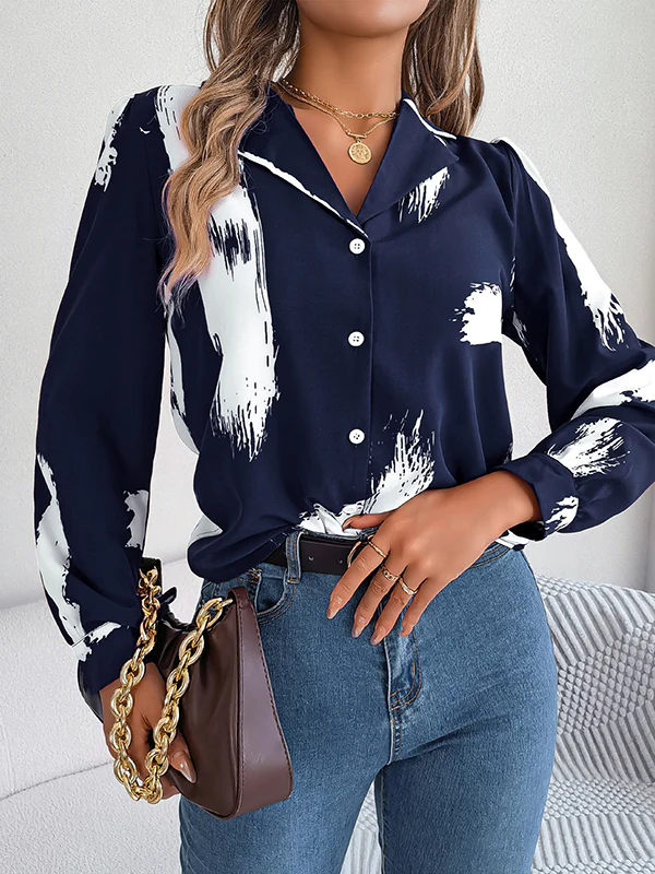 Long Sleeves Loose Buttoned Printed Notched Collar Blouses&Shirts Tops - Image 2