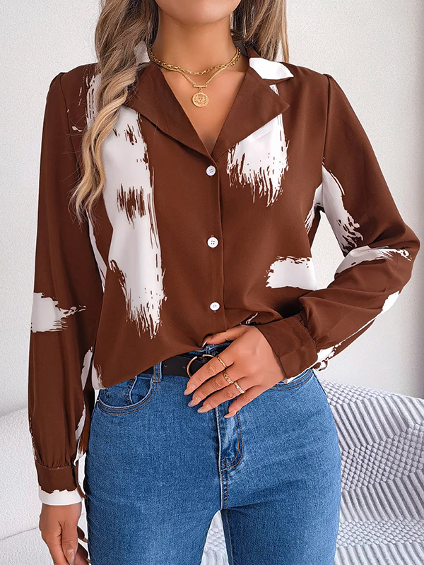 Long Sleeves Loose Buttoned Printed Notched Collar Blouses&Shirts Tops - Image 3