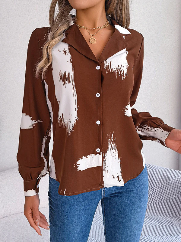 Long Sleeves Loose Buttoned Printed Notched Collar Blouses&Shirts Tops - Image 4