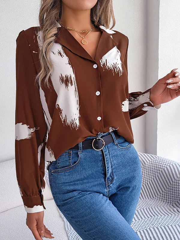 Long Sleeves Loose Buttoned Printed Notched Collar Blouses&Shirts Tops - Image 5