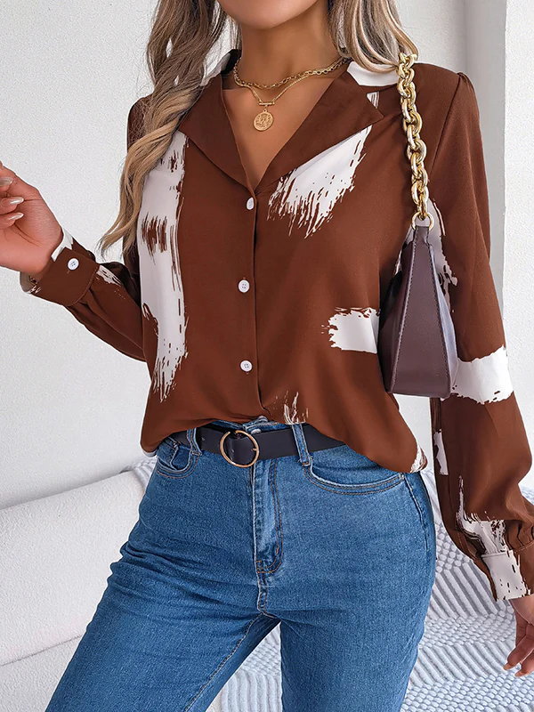 Long Sleeves Loose Buttoned Printed Notched Collar Blouses&Shirts Tops - Image 6