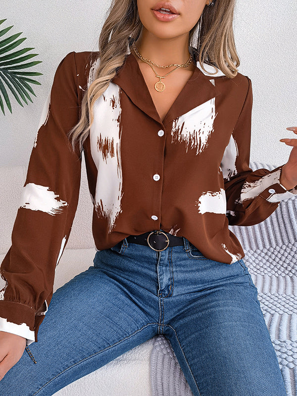 Long Sleeves Loose Buttoned Printed Notched Collar Blouses&Shirts Tops - Image 7
