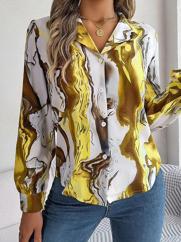 Long Sleeves Loose Buttoned Printed Notched Collar Blouses&Shirts Tops - Image 10