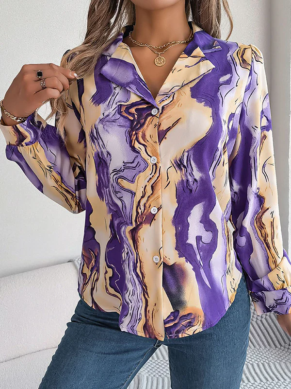 Long Sleeves Loose Buttoned Printed Notched Collar Blouses&Shirts Tops - Image 11