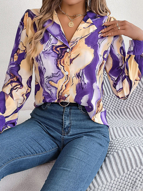 Long Sleeves Loose Buttoned Printed Notched Collar Blouses&Shirts Tops - Image 12