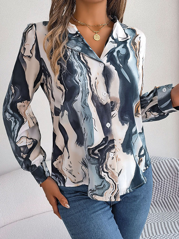 Long Sleeves Loose Buttoned Printed Notched Collar Blouses&Shirts Tops - Image 14