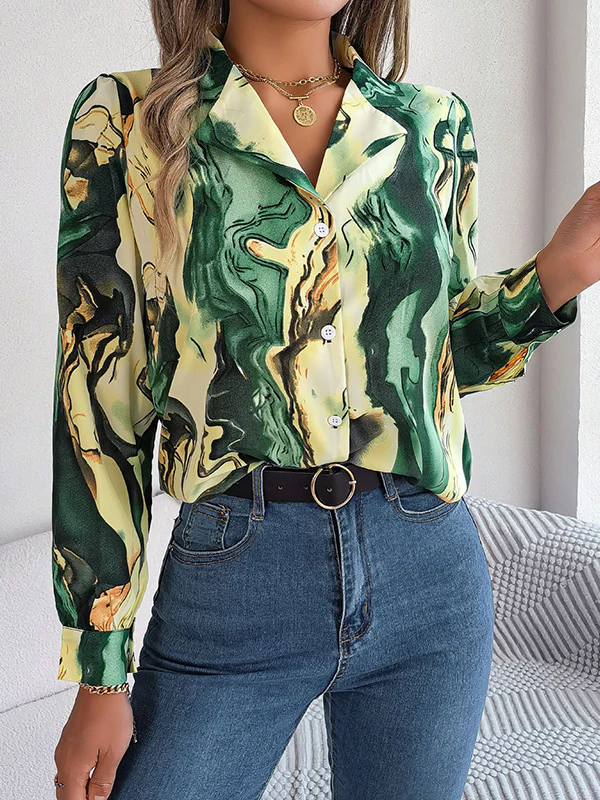 Long Sleeves Loose Buttoned Printed Notched Collar Blouses&Shirts Tops - Image 15