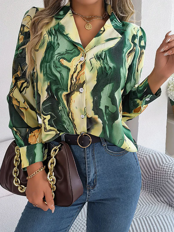 Long Sleeves Loose Buttoned Printed Notched Collar Blouses&Shirts Tops - Image 16