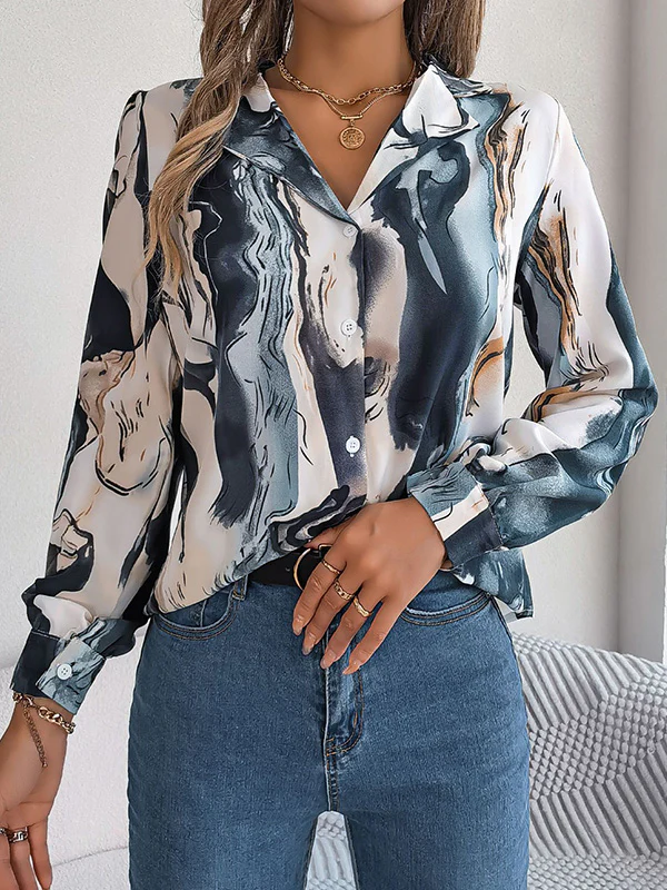 Long Sleeves Loose Buttoned Printed Notched Collar Blouses&Shirts Tops - Image 2