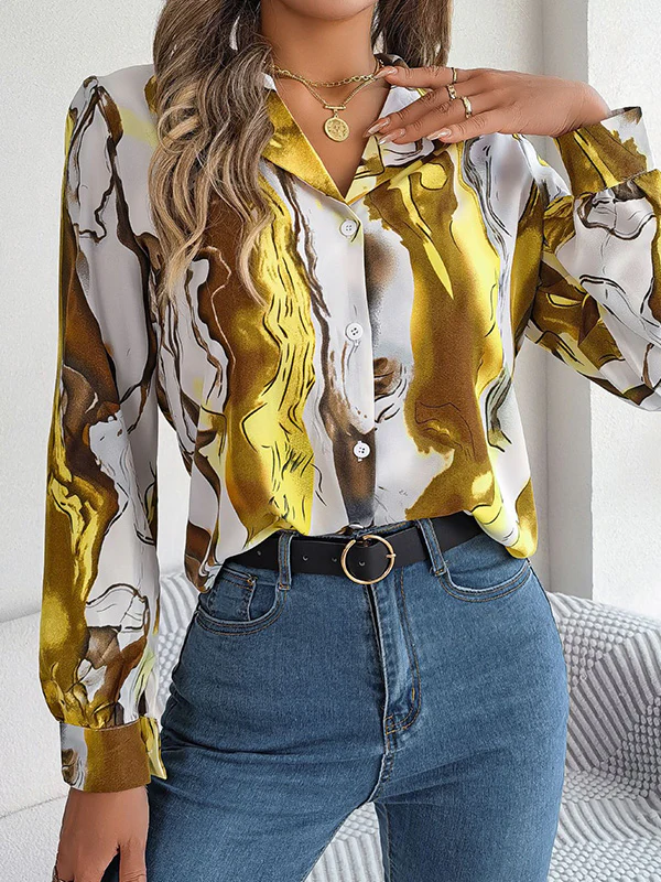 Long Sleeves Loose Buttoned Printed Notched Collar Blouses&Shirts Tops - Image 3