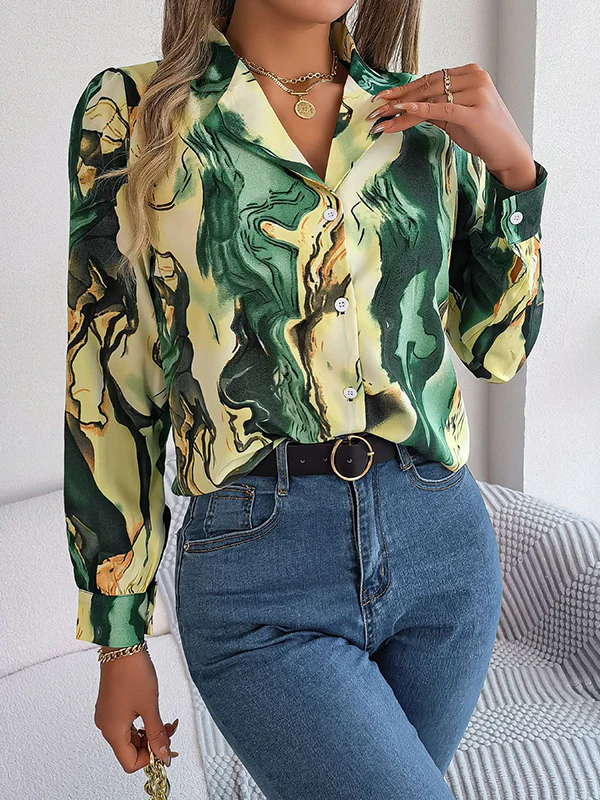 Long Sleeves Loose Buttoned Printed Notched Collar Blouses&Shirts Tops - Image 4