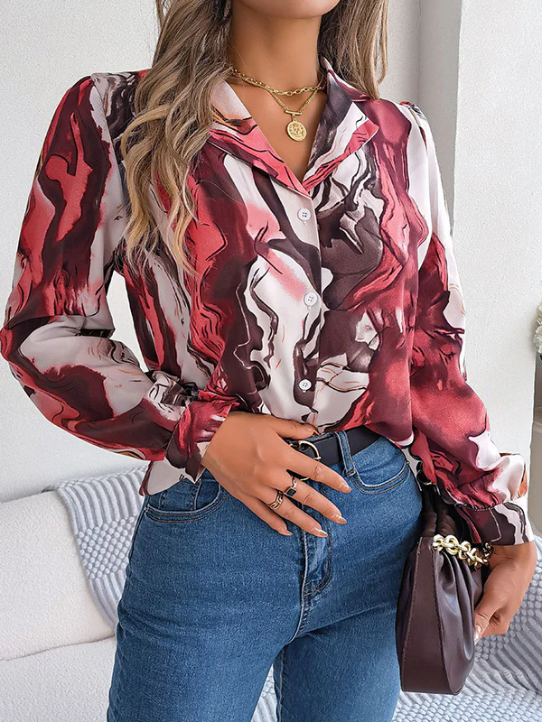 Long Sleeves Loose Buttoned Printed Notched Collar Blouses&Shirts Tops - Image 5