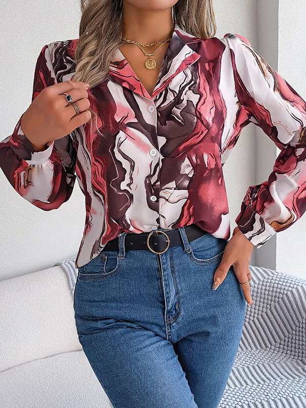 Long Sleeves Loose Buttoned Printed Notched Collar Blouses&Shirts Tops - Image 6