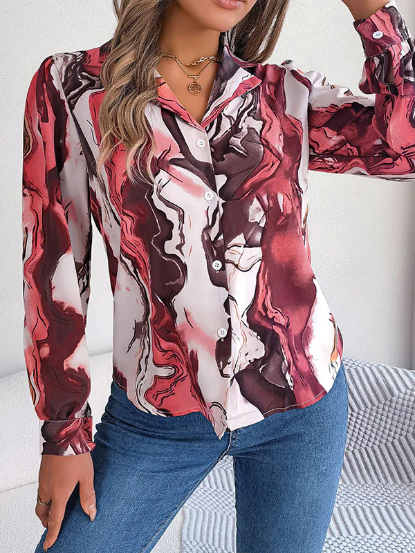 Long Sleeves Loose Buttoned Printed Notched Collar Blouses&Shirts Tops - Image 7