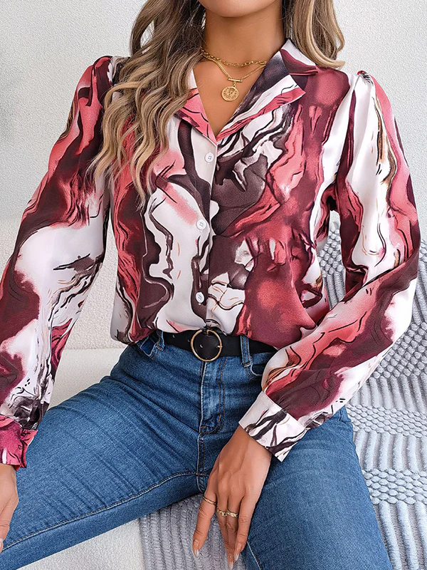 Long Sleeves Loose Buttoned Printed Notched Collar Blouses&Shirts Tops - Image 8