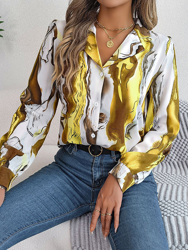 Long Sleeves Loose Buttoned Printed Notched Collar Blouses&Shirts Tops - Image 9