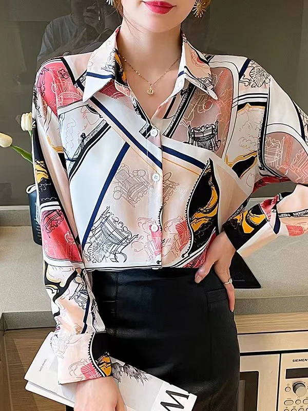 Long Sleeves Loose Buttoned Printed Split-Joint Lapel Blouses&Shirts Tops - Image 2