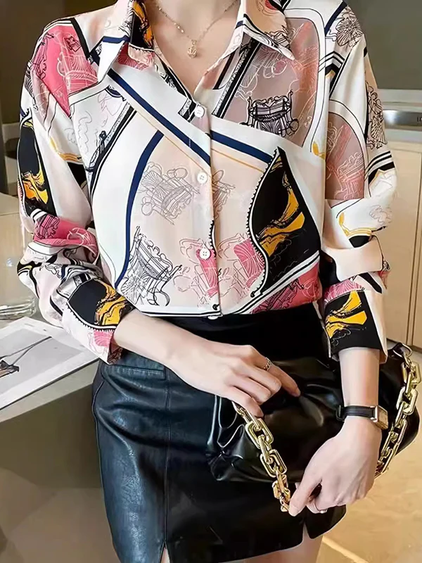 Long Sleeves Loose Buttoned Printed Split-Joint Lapel Blouses&Shirts Tops - Image 3