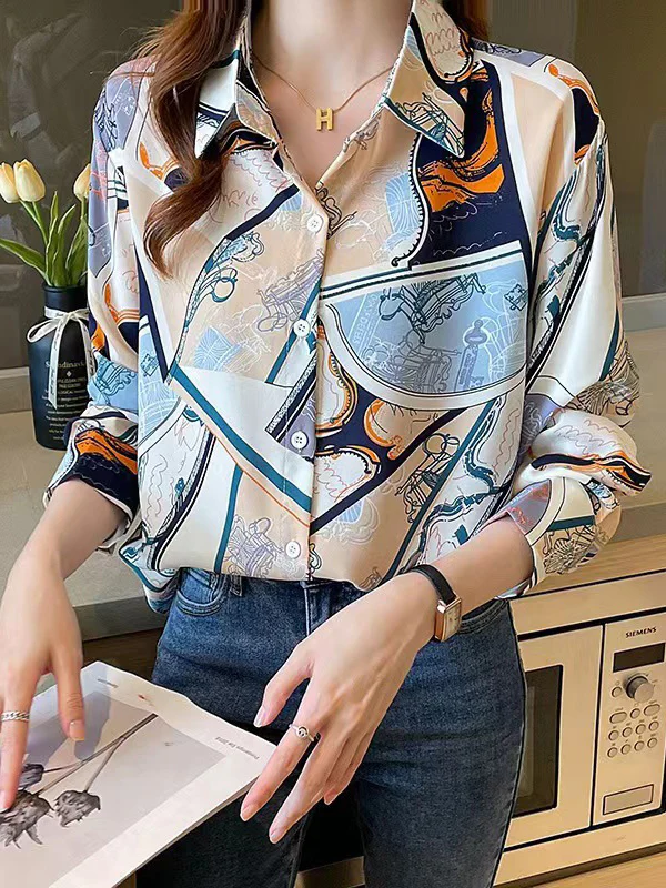 Long Sleeves Loose Buttoned Printed Split-Joint Lapel Blouses&Shirts Tops - Image 4