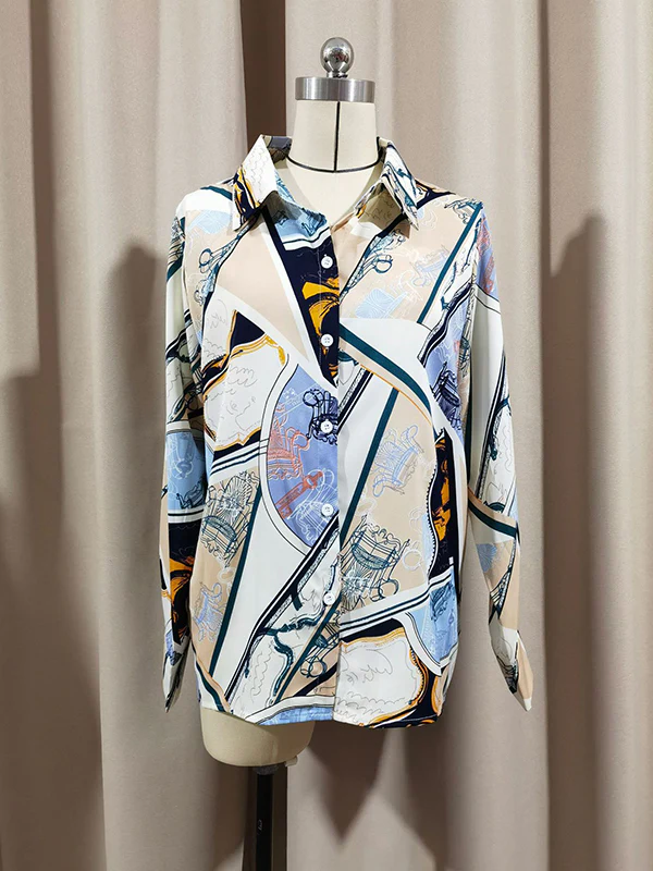 Long Sleeves Loose Buttoned Printed Split-Joint Lapel Blouses&Shirts Tops - Image 8