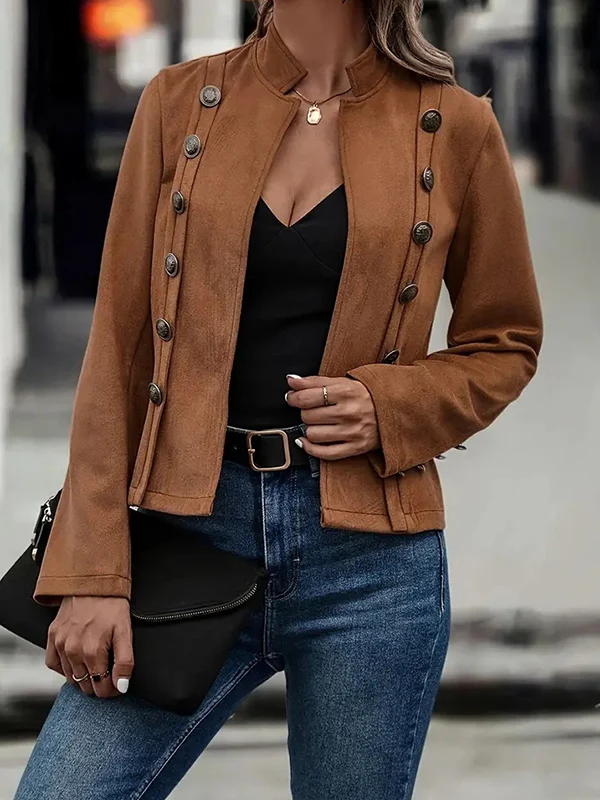 Long Sleeves Loose Buttoned Solid Color Adjustable Straps Jackets Outerwear - Image 5