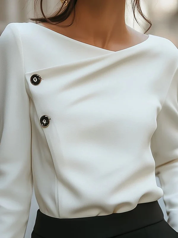 Long Sleeves Loose Buttoned Solid Color Asymmetric Collar Blouses&Shirts Tops - Image 2