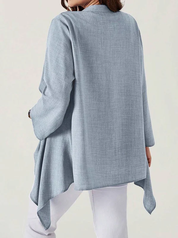 Long Sleeves Loose Buttoned Solid Color Collarless Outerwear - Image 2