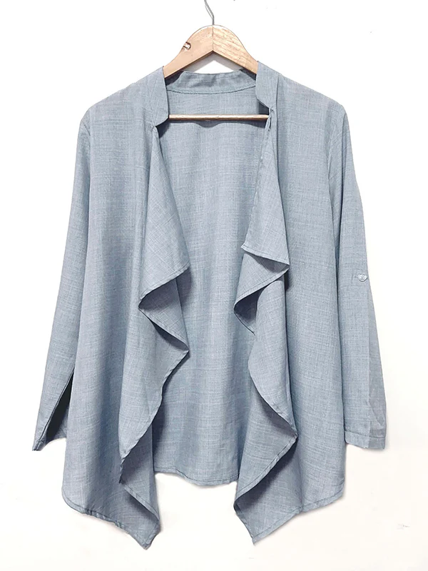 Long Sleeves Loose Buttoned Solid Color Collarless Outerwear - Image 3