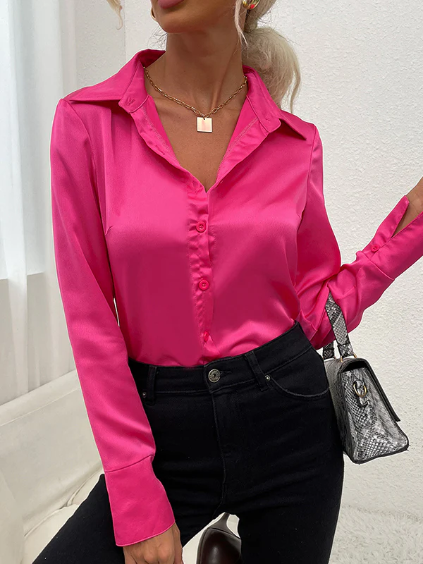 Long Sleeves Loose Buttoned Solid Color Lapel Blouses&Shirts Tops - Image 3